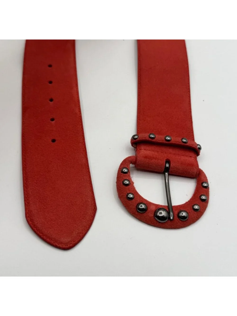 Vintage Oscar de la Renta Red Genuine Sueda Leather Studded Detail Belt Size M